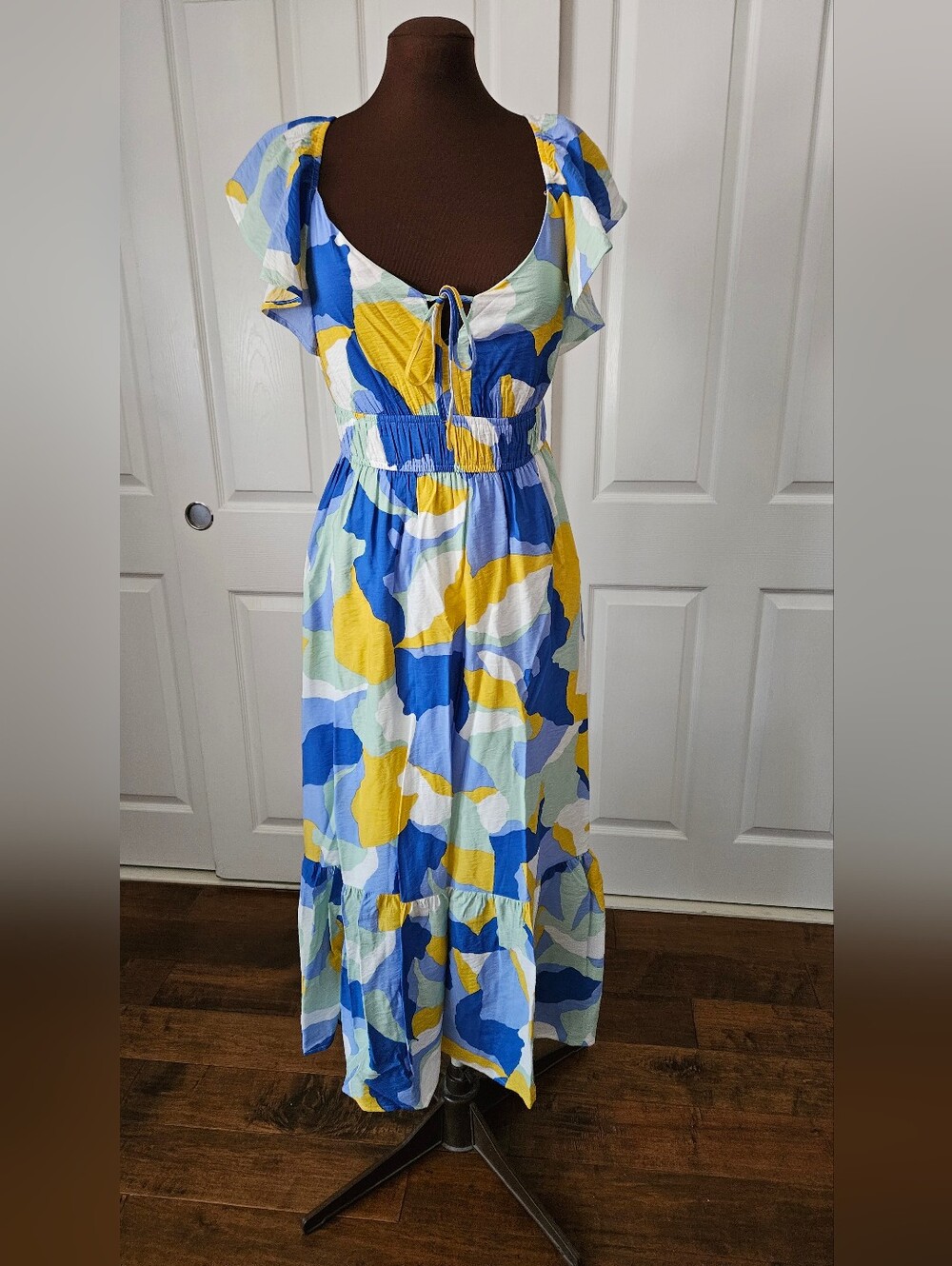 Summer Tie-Front Maxi Dress in Blue & Yellow